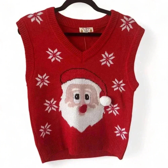 Women’s M Red Sleeveless Santa Sweater V Neck Vest Ugly Christmas Holiday Party - Picture 1 of 7